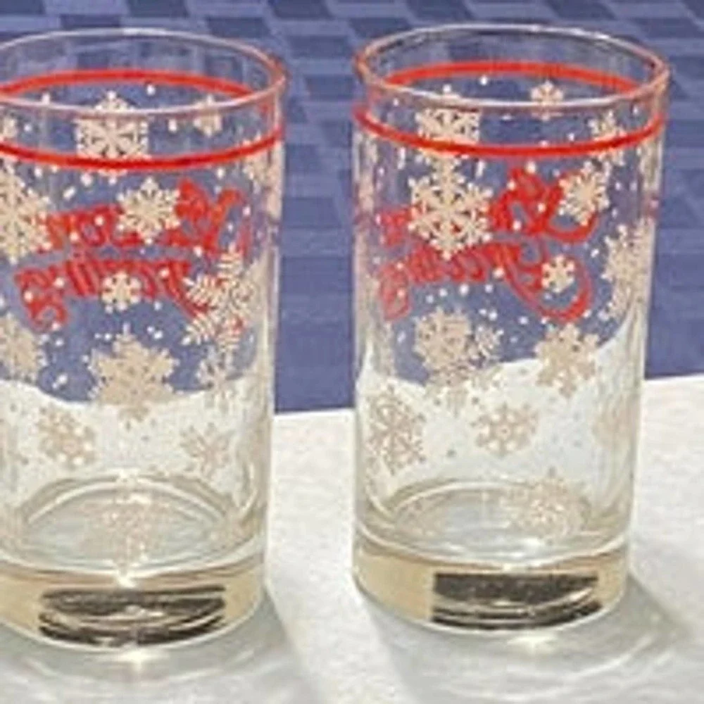 Set of two Season's Greetings holiday drinking glasses, retro Christmas snowflak